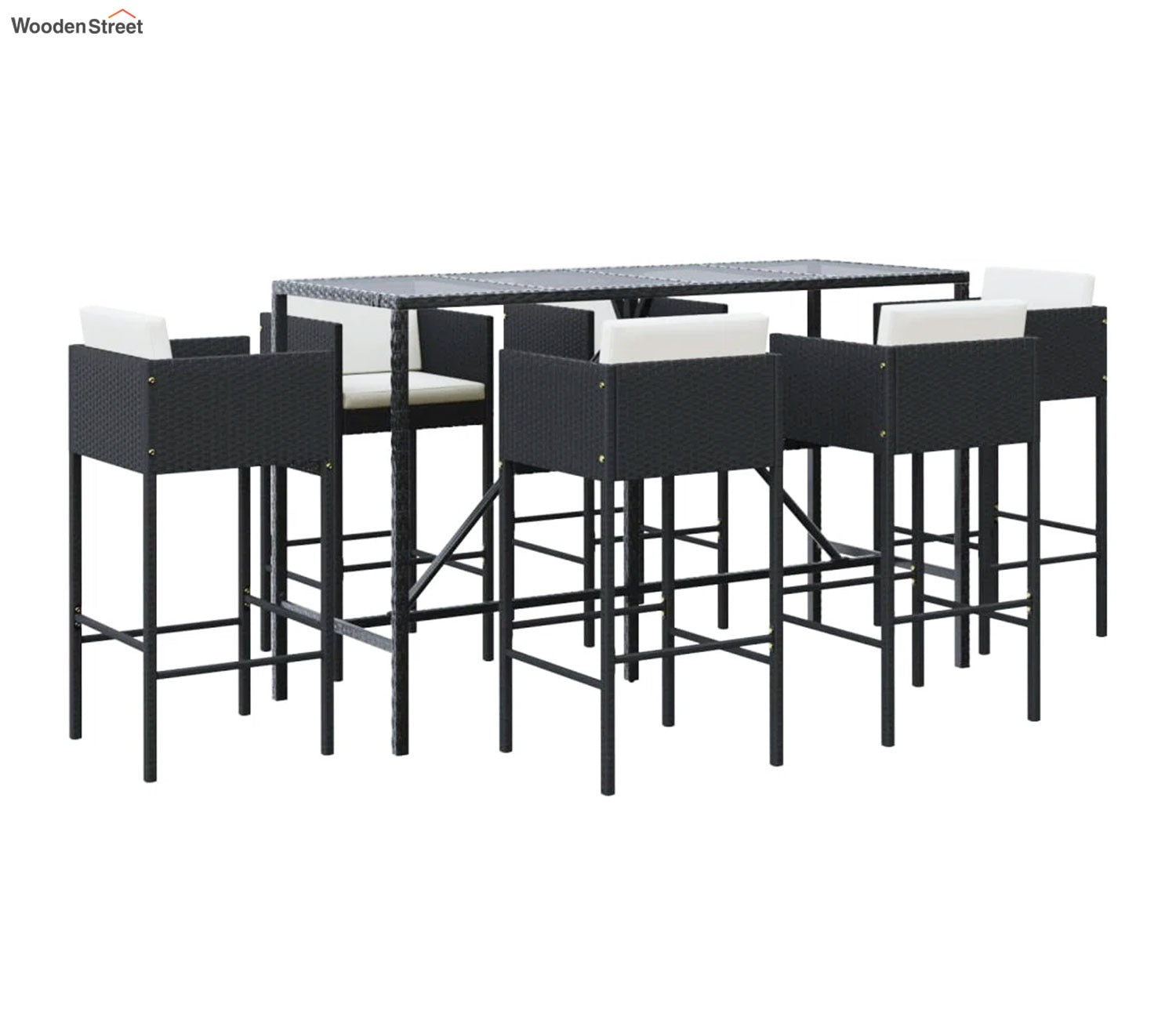 Black Rattan And Wicker 6 Seater Outdoor Bar Set With Off White Cushions