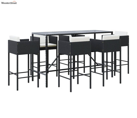 Black Rattan And Wicker 6 Seater Outdoor Bar Set With Off White Cushions