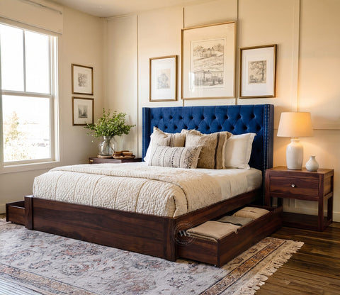 Drewno Sheesham Wood Upholstered Bed With Storage (King Size, Indigo Blue)