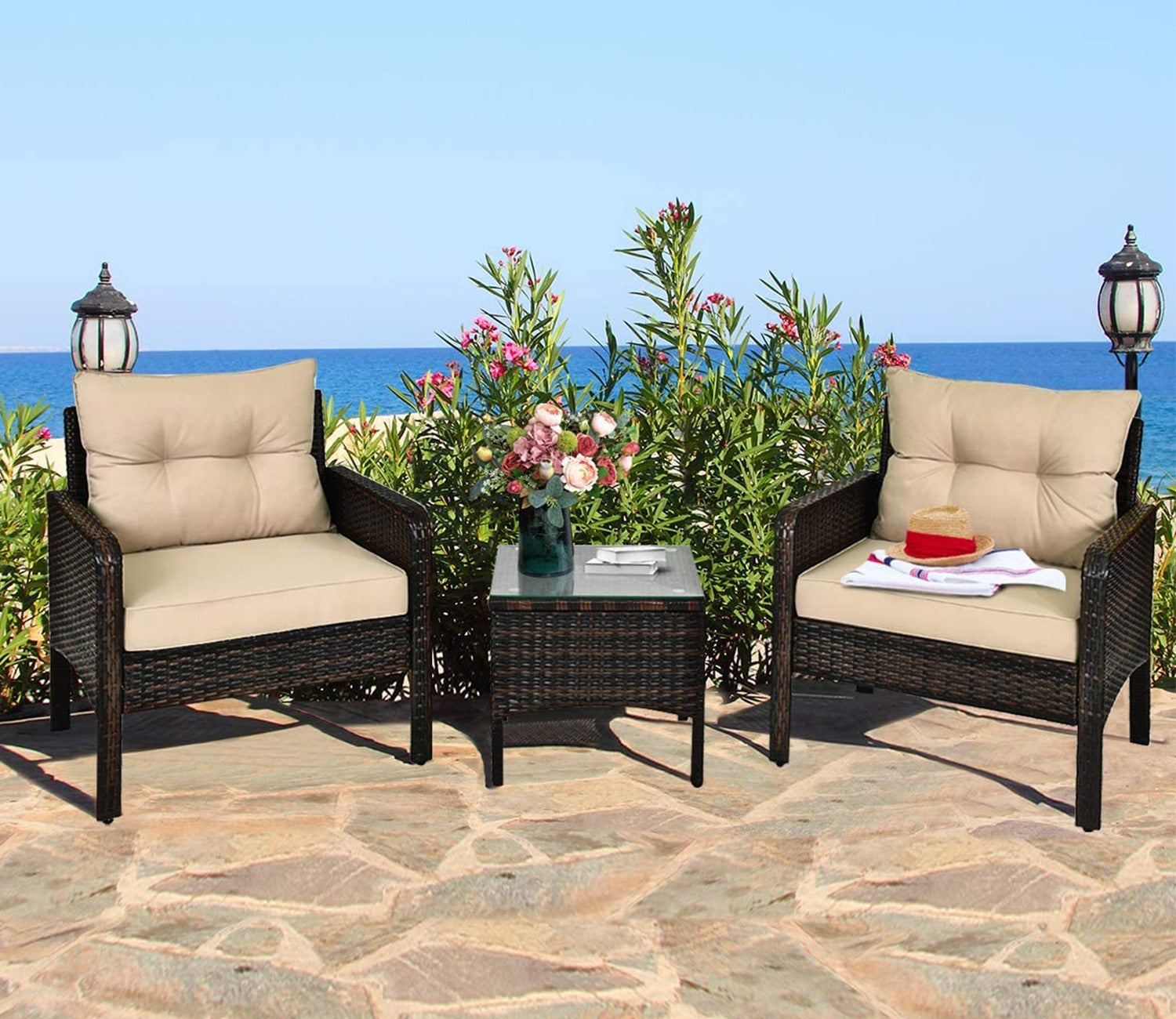 Dark Brown Rattan And Wicker 2 Seater Set With Table Set