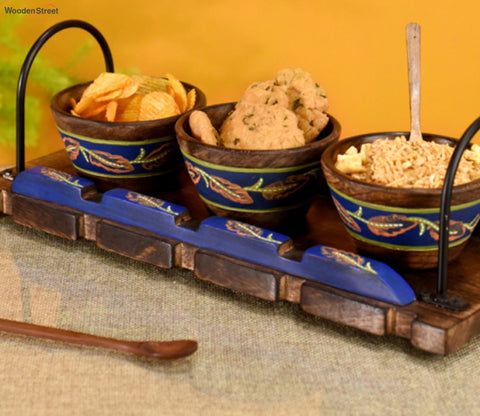 Brown And Blue Handcrafted Wooden Tray With Wooden Bowls