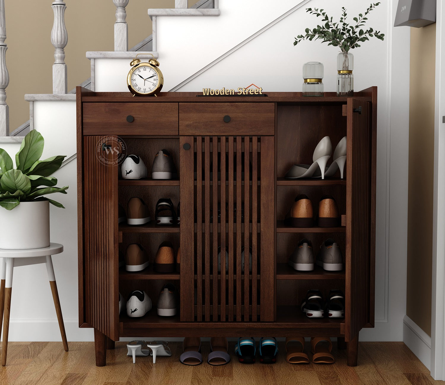 Gaitor Soild Wood Shoe Cabinet with Drawers & Slatted Doors (Mango Wood, Teak Finish)