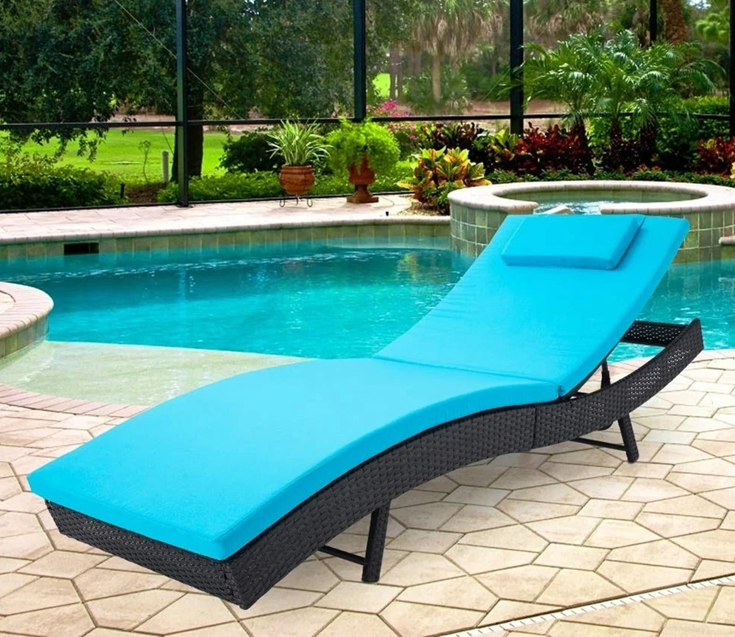 Black Adjustable Outdoor Lounger With Sky Blue Cushions