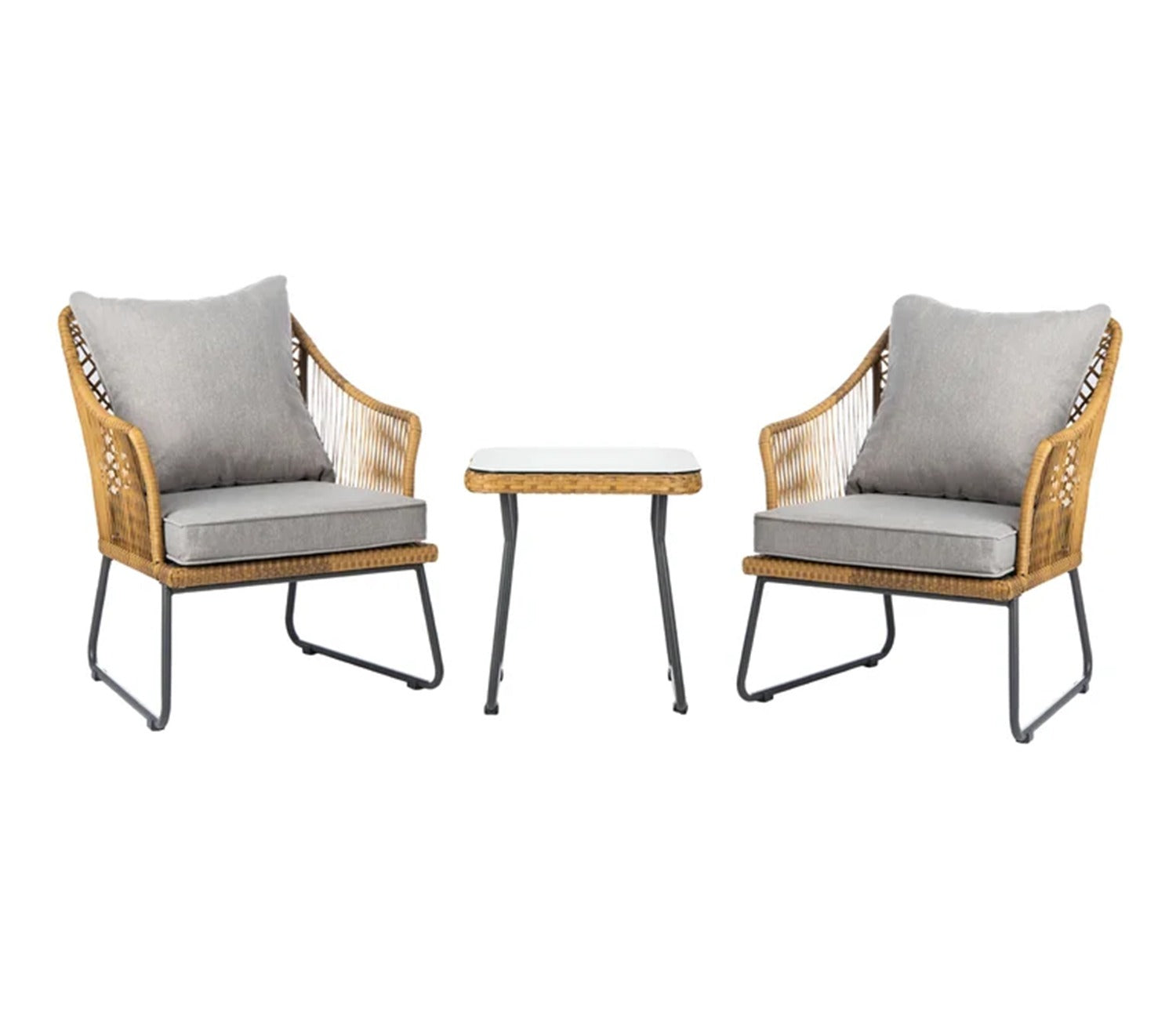 Beige Rattan And Wicker 2 Seater Chair With Table And Grey Cushions Balcony Set