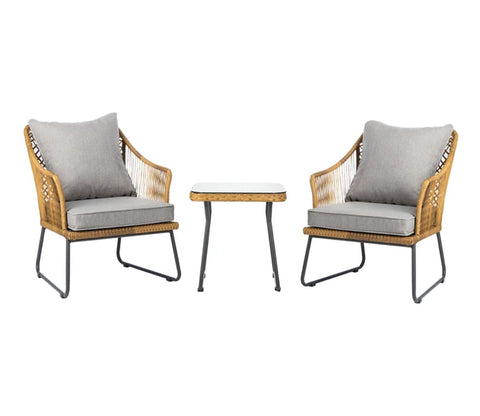 Beige Rattan And Wicker 2 Seater Chair With Table And Grey Cushions Balcony Set