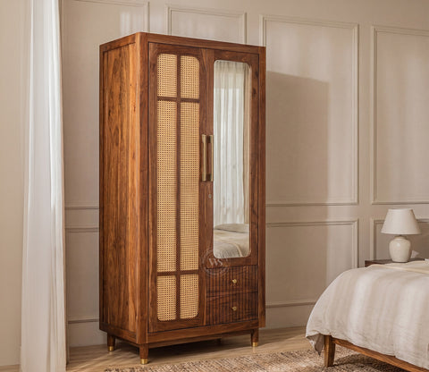 Rida Sheesham Wood Wardrobe with Elegant Cane Detailing and Mirror (Teak Finish)
