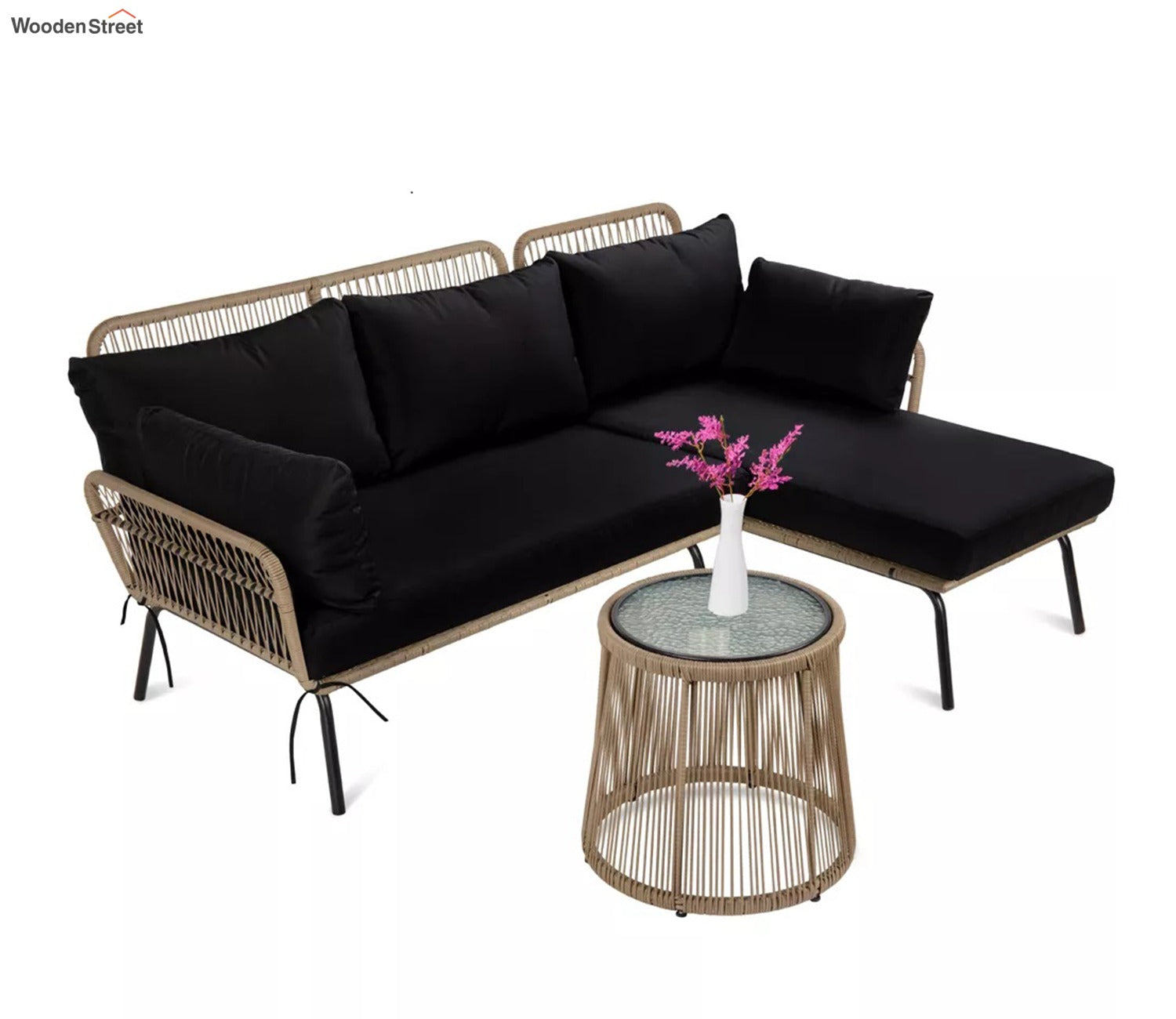 Beige Detachable L Shaped Rope Outdoor Sofa with One Table and Black Cushion Set