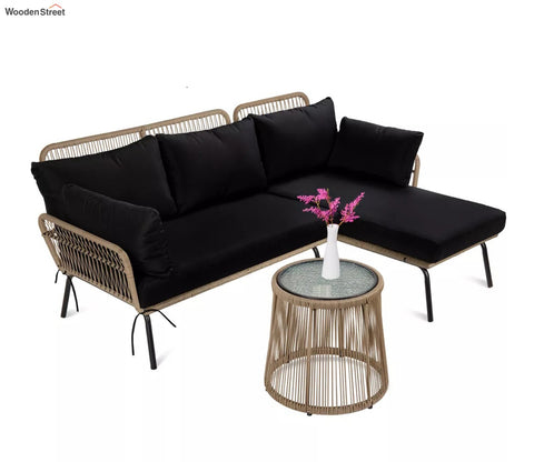Beige Detachable L Shaped Rope Outdoor Sofa with One Table and Black Cushion Set