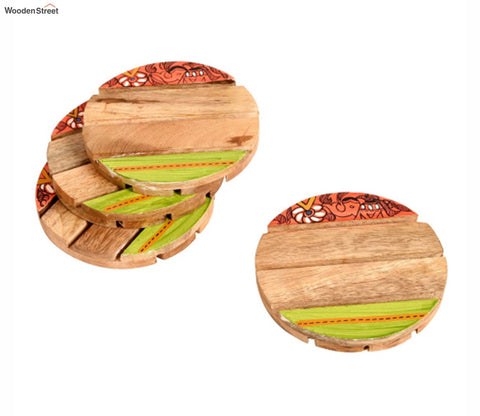 Madhubani Art Round Wooden Handcrafted Coaster - Set of 4