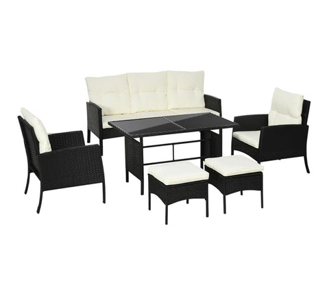 Black Rattan And Wicker Outdoor Sofa Set With Off White Cushions And Table
