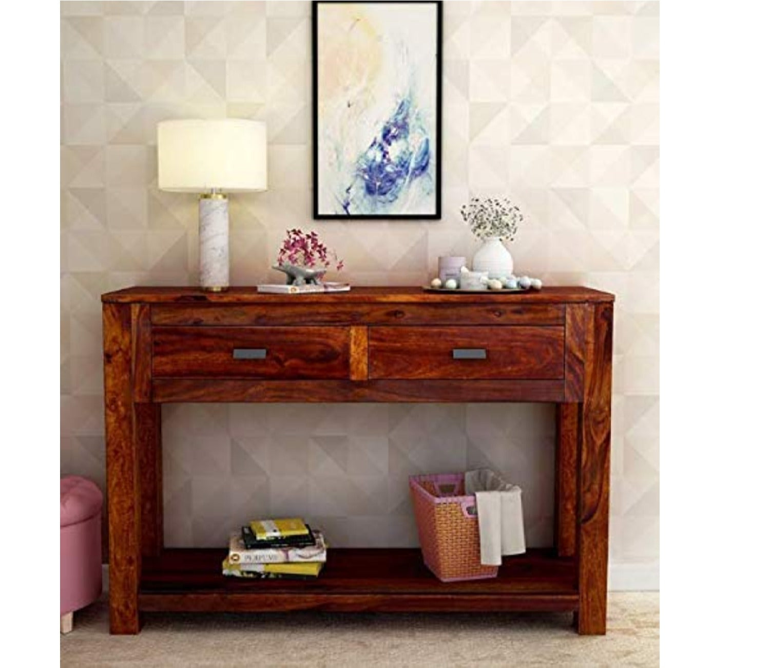 Walnut Finish Wooden Partition Leave Design Console Table