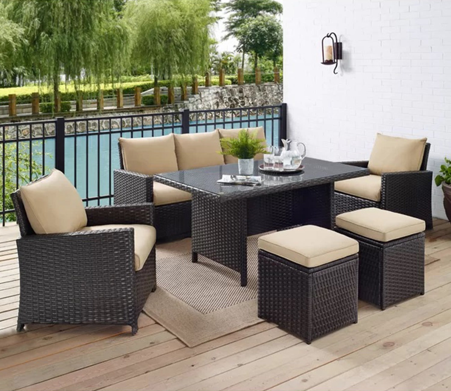 Dark Brown Rattan And Wicker 7 Seater Set With Table And Cream Cushions
