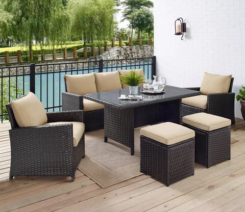 Dark Brown Rattan And Wicker 7 Seater Set With Table And Cream Cushions