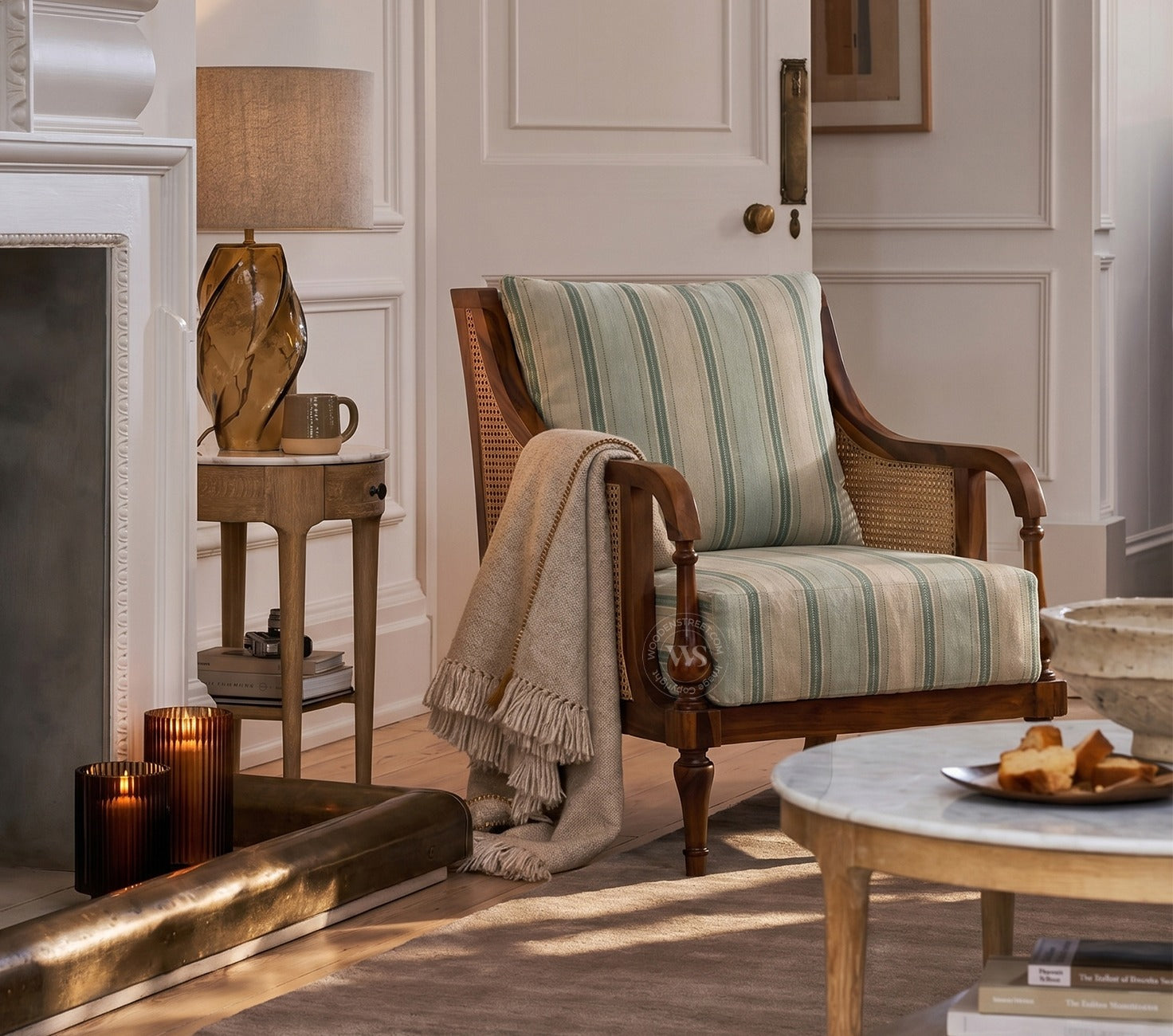 Eterna Sheesham Wood Lounge Chair With Premium Upholstery & Cane Detailing (Teak Finish)
