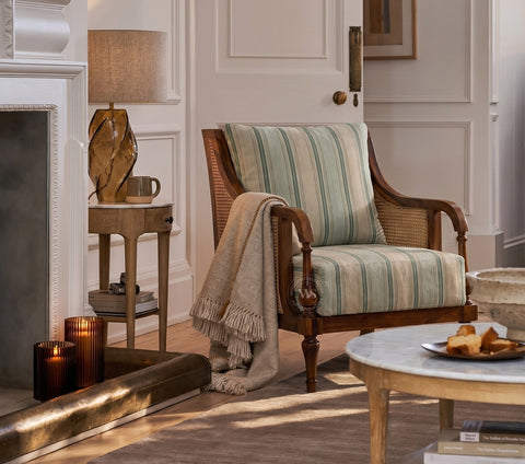Eterna Sheesham Wood Lounge Chair With Premium Upholstery & Cane Detailing (Teak Finish)