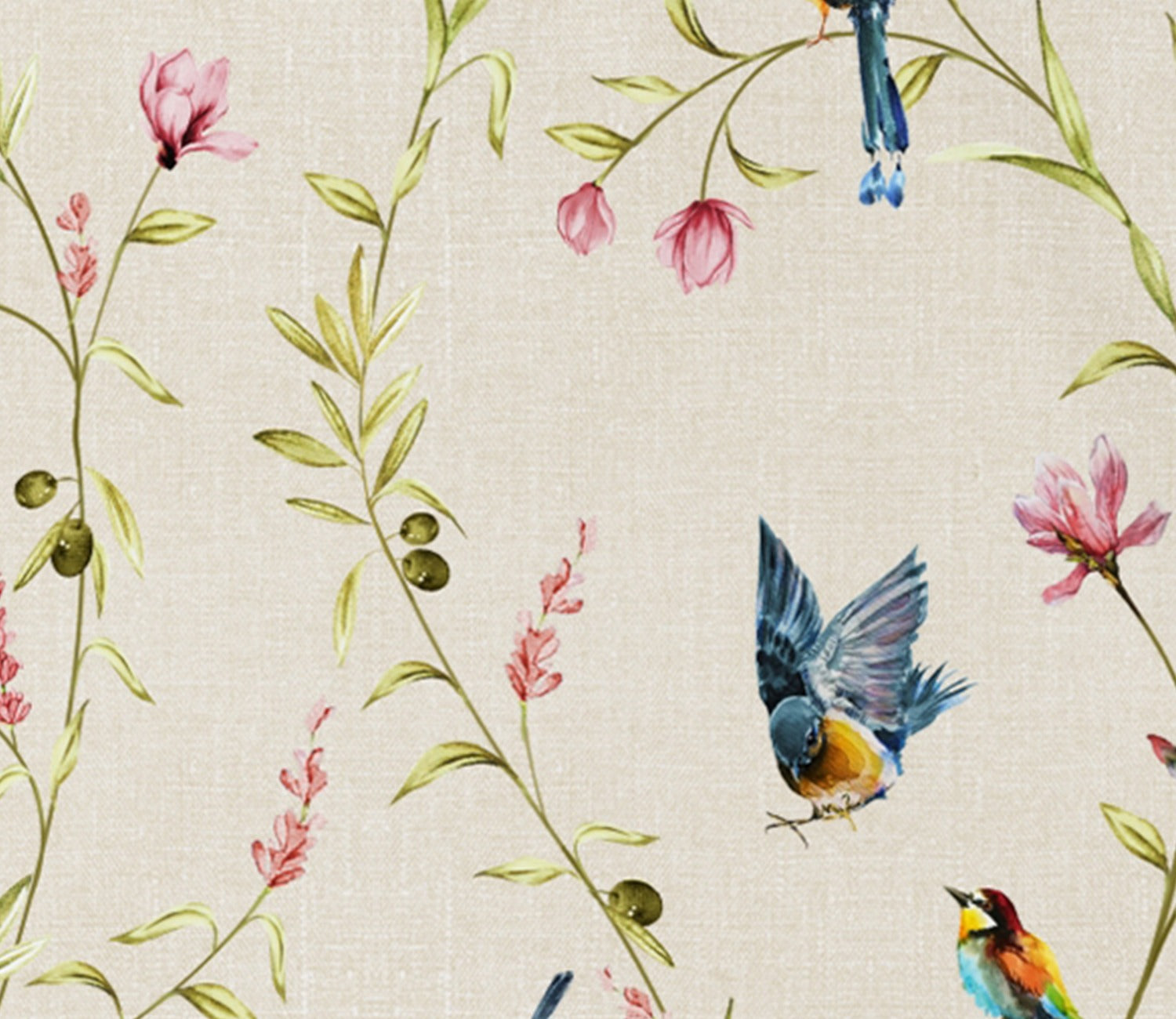 Cream Robins Floral Bird Print 100% Cotton Fabric