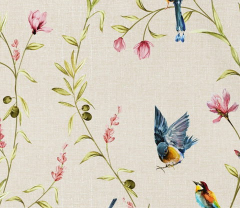 Cream Robins Floral Bird Print 100% Cotton Fabric