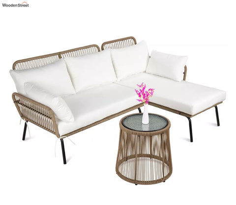 White Detachable L Shaped Rope Outdoor Sofa with Table and White Cushion Set