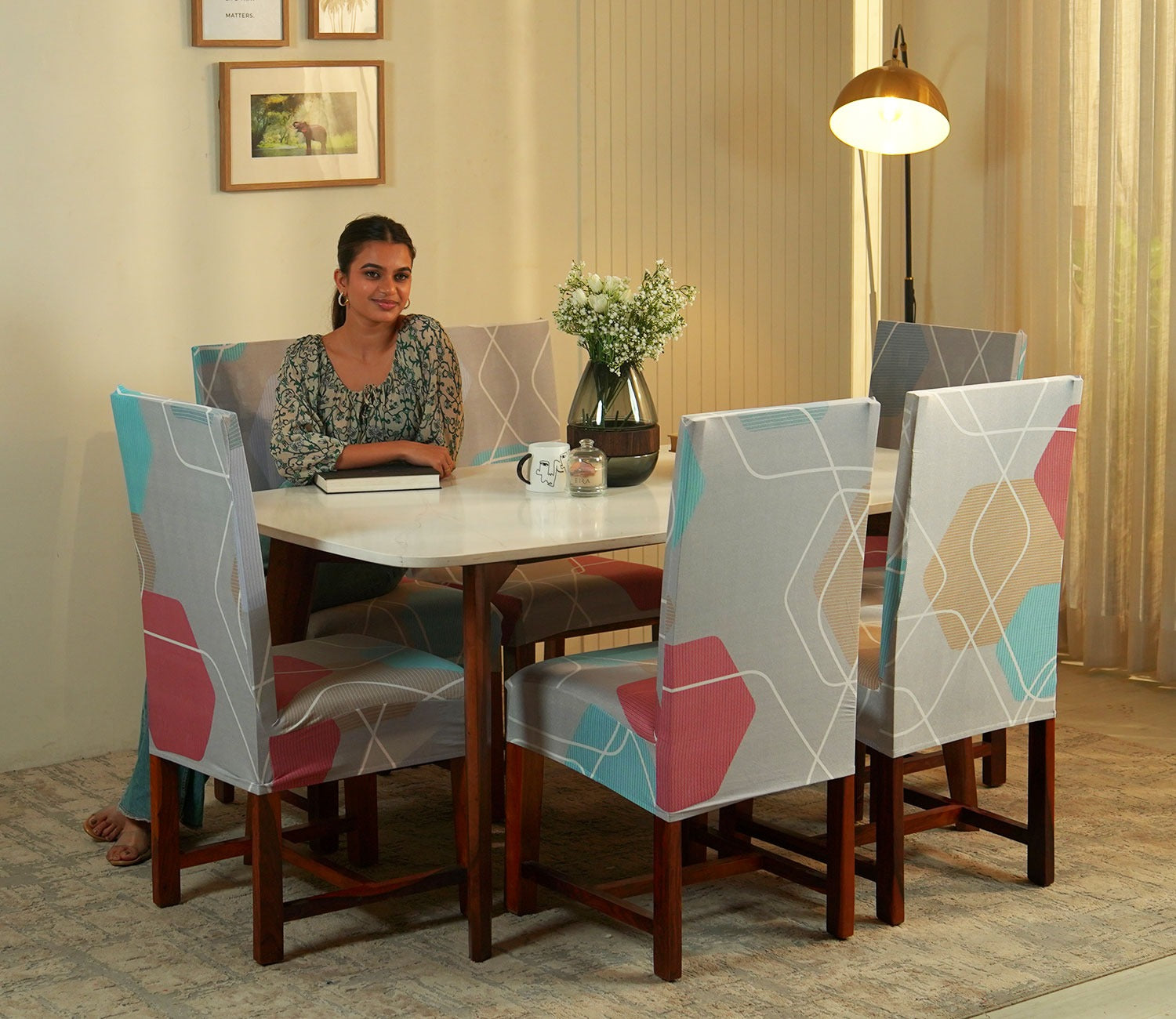 Agnus Modern Abstract Printed Polyester Spandex 6 Piece Chair Cover (Multi Colour)