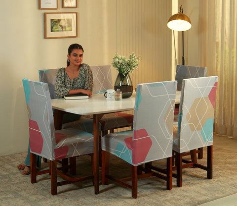 Agnus Modern Abstract Printed Polyester Spandex 6 Piece Chair Cover (Multi Colour)