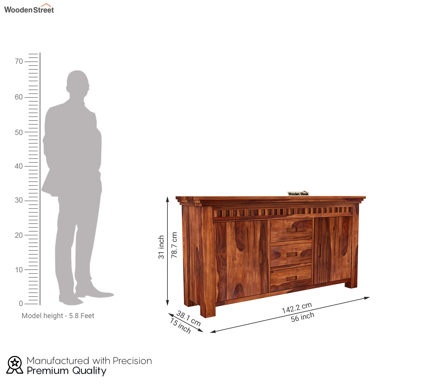 Adolph Sheesham Wood Sideboard and Cabinet (Honey Finish)