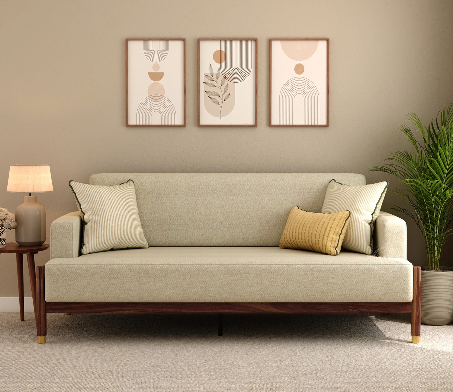 Kairav Modern 3+1+1 Wooden Sofa Set with Premium Upholstery (Cottage Ivory)