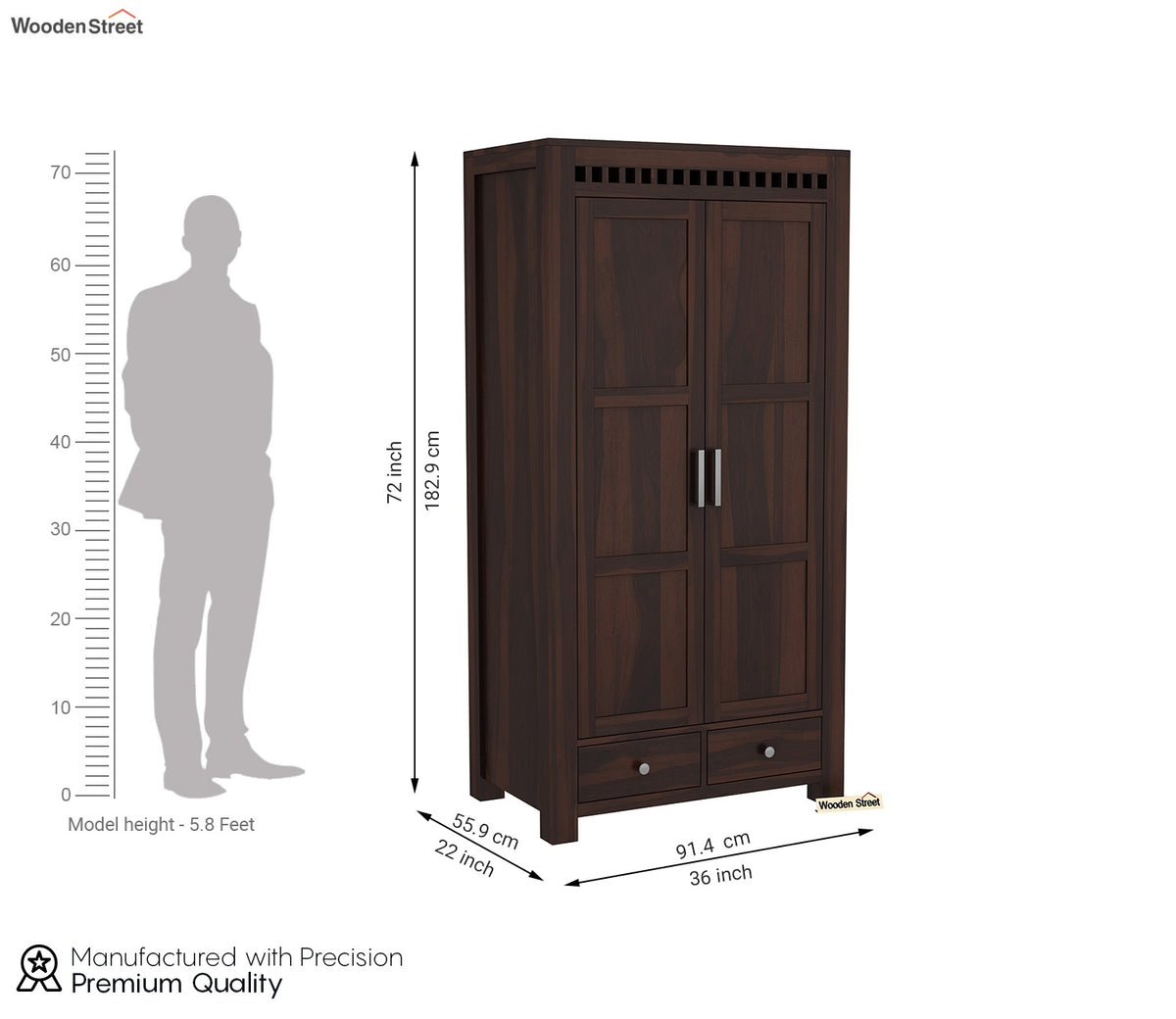Adolph 2 Door Multi Utility Wardrobe (Walnut Finish)