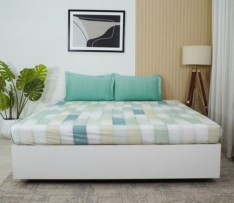 Grid Rectangular 180 TC Flat Pure Cotton King Size Bedsheet With 2 Pillow Covers (Blue)