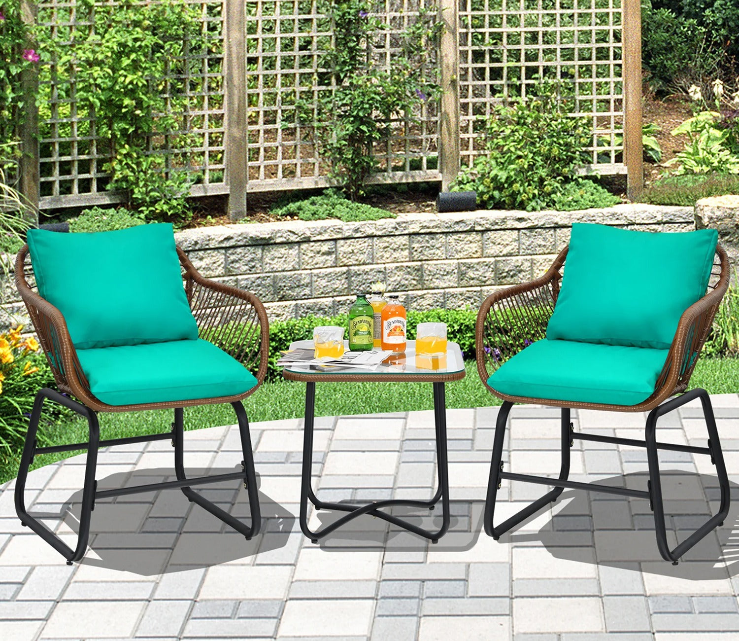 Dark Brown Rattan And Wicker 2 Seater Chair With Table And Robin Blue Cushions Balcony Set