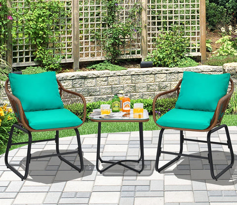 Dark Brown Rattan And Wicker 2 Seater Chair With Table And Robin Blue Cushions Balcony Set