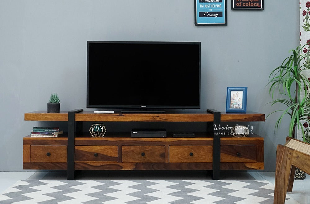 Solari Sheesham Wood Tv Unit with Five Pull Out Drawers (Honey Finish)