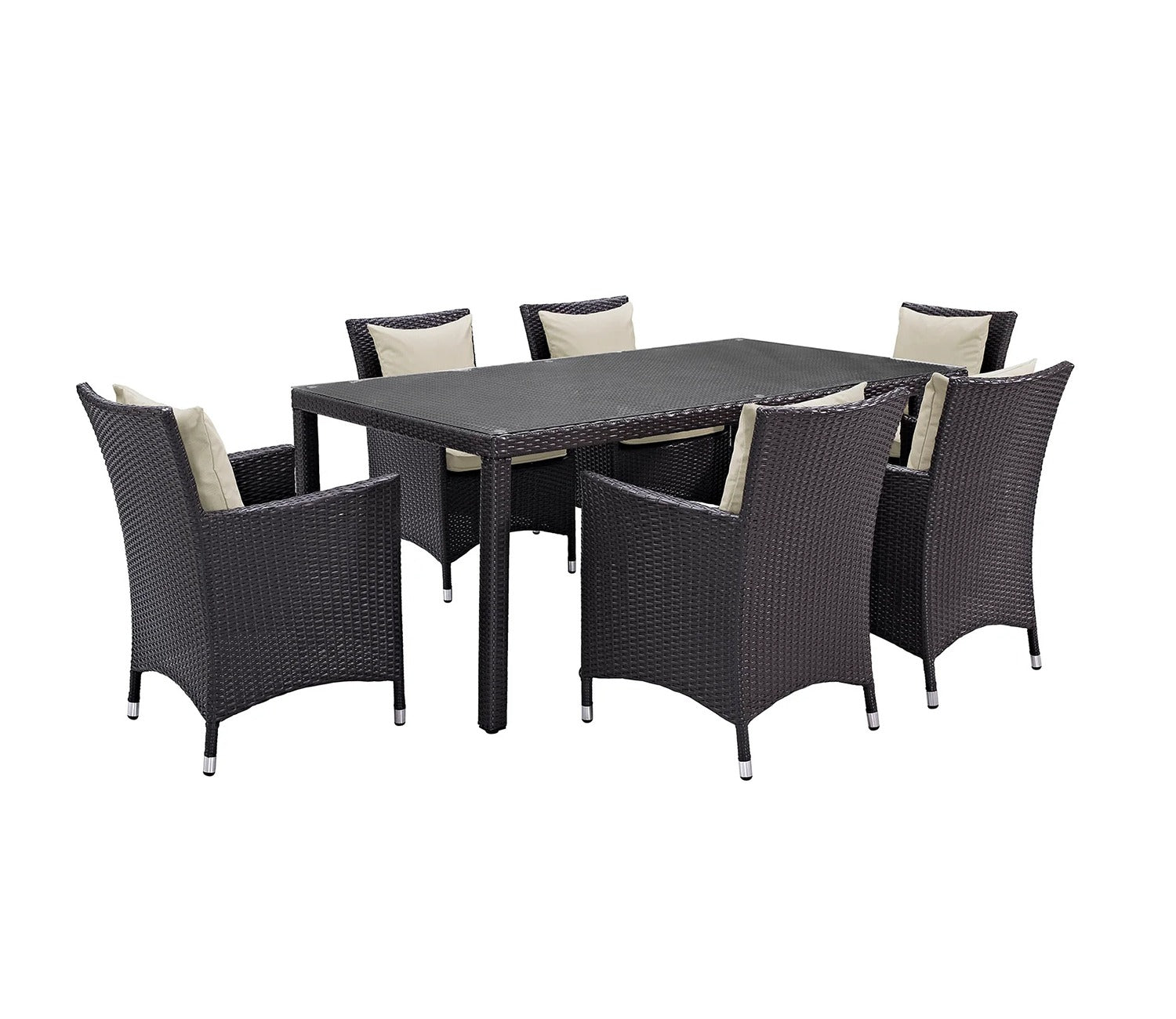 Black Rattan And Wicker Outdoor Dinning Set With Off White Cushions