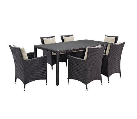 Black Rattan And Wicker Outdoor Dinning Set With Off White Cushions
