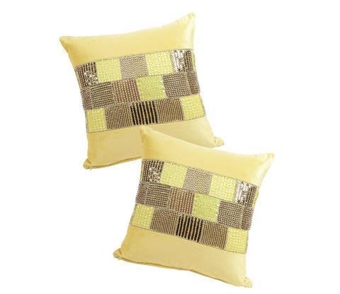 Velvet Beaded Cushion Covers - Set of 2 (Yellow, 18 x 18 inch)