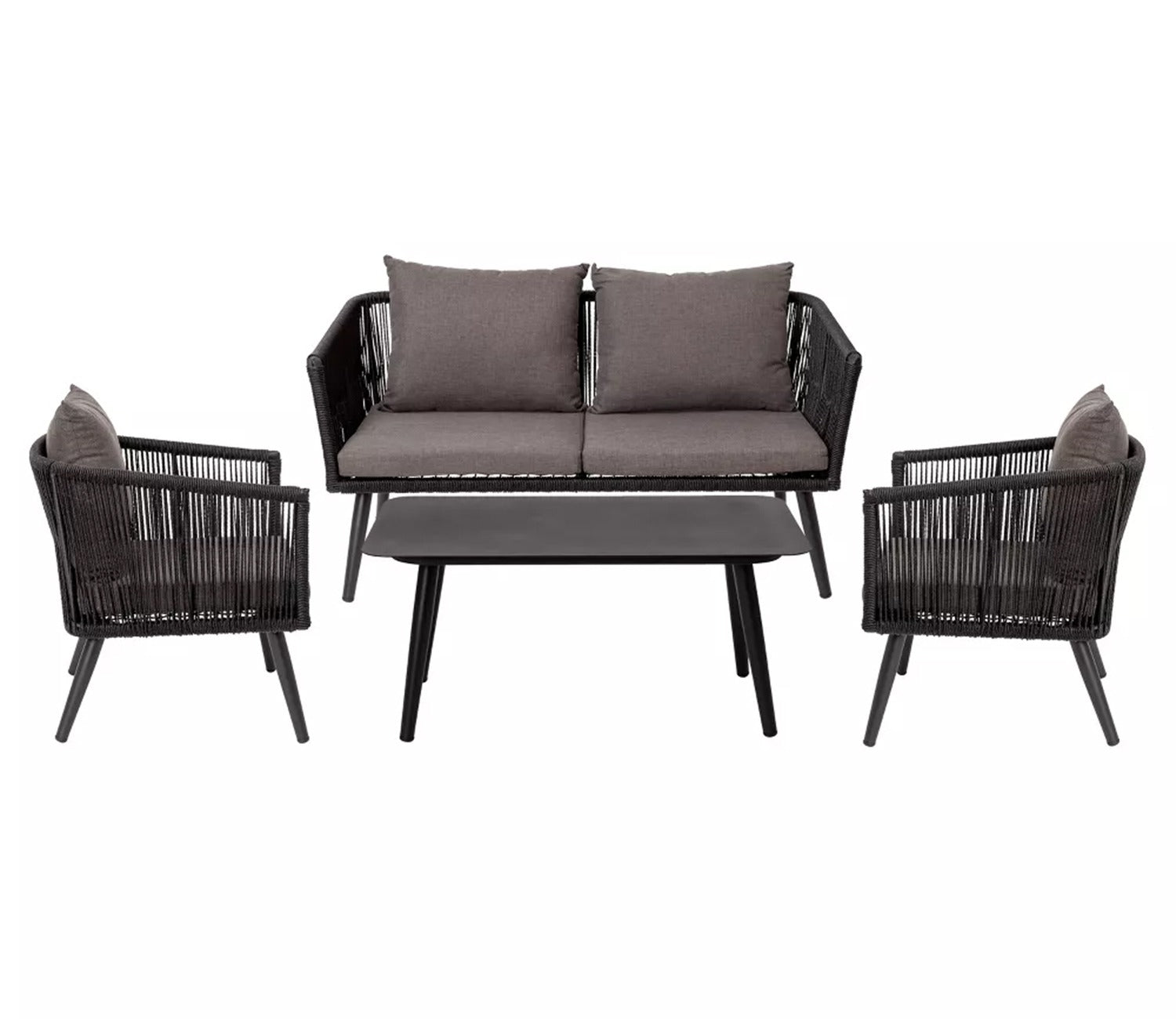 Black Rope 4 Seater Set With Table And Dark Grey Cushions