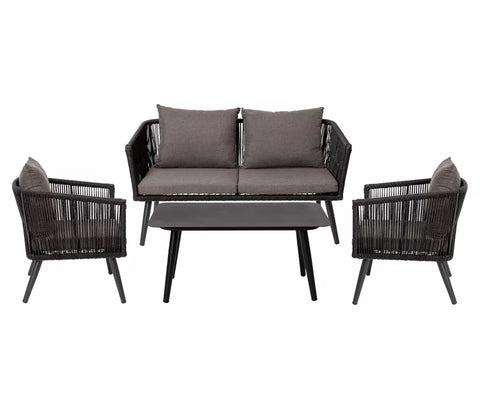 Black Rope 4 Seater Set With Table And Dark Grey Cushions