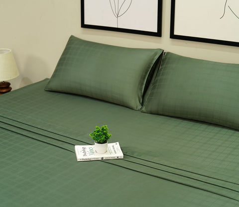 300 TC Flat Double Bed Sheet-Organic Dobby Bamboo Queen Size Bed Sheet with 2 Pillowcases (Avocado Green)