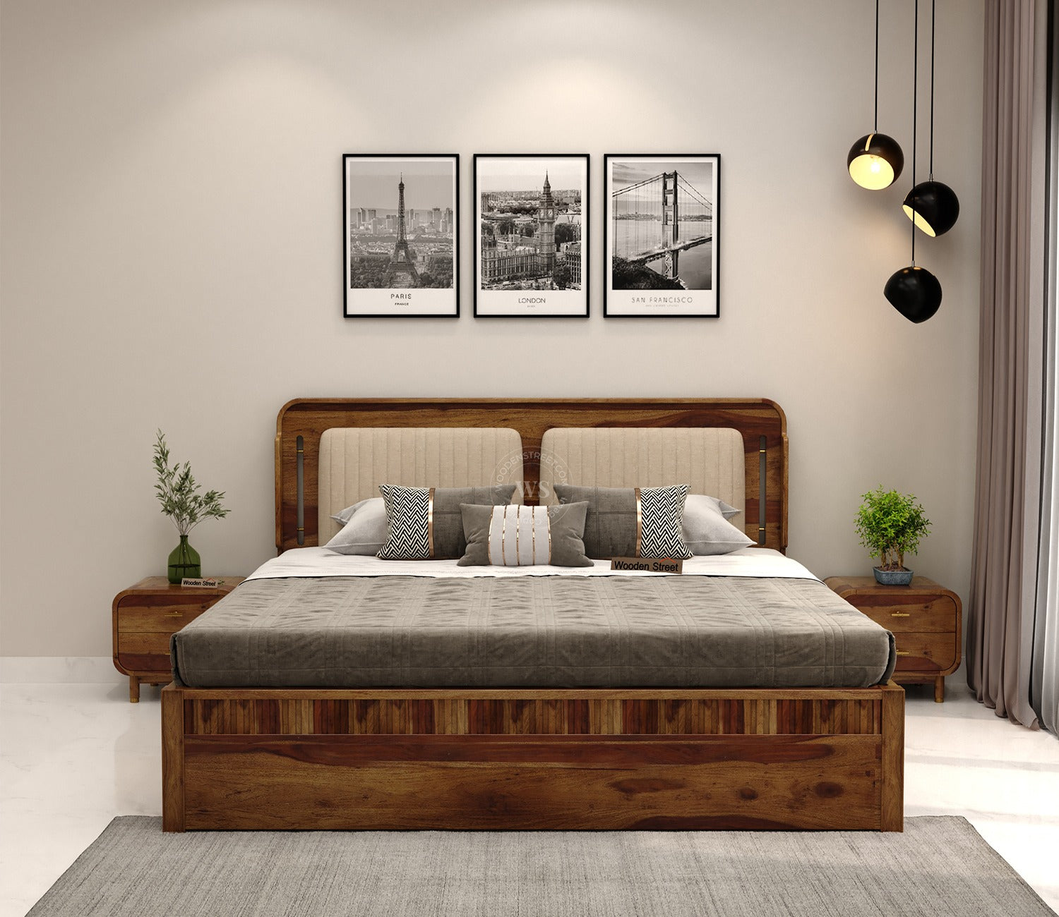 Lotus Premium Sheesham Wood Bed without Storage (King Size, Teak Finish)