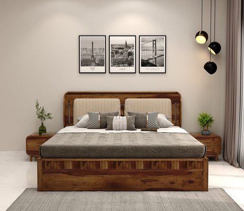 Lotus Premium Sheesham Wood Bed without Storage (King Size, Teak Finish)