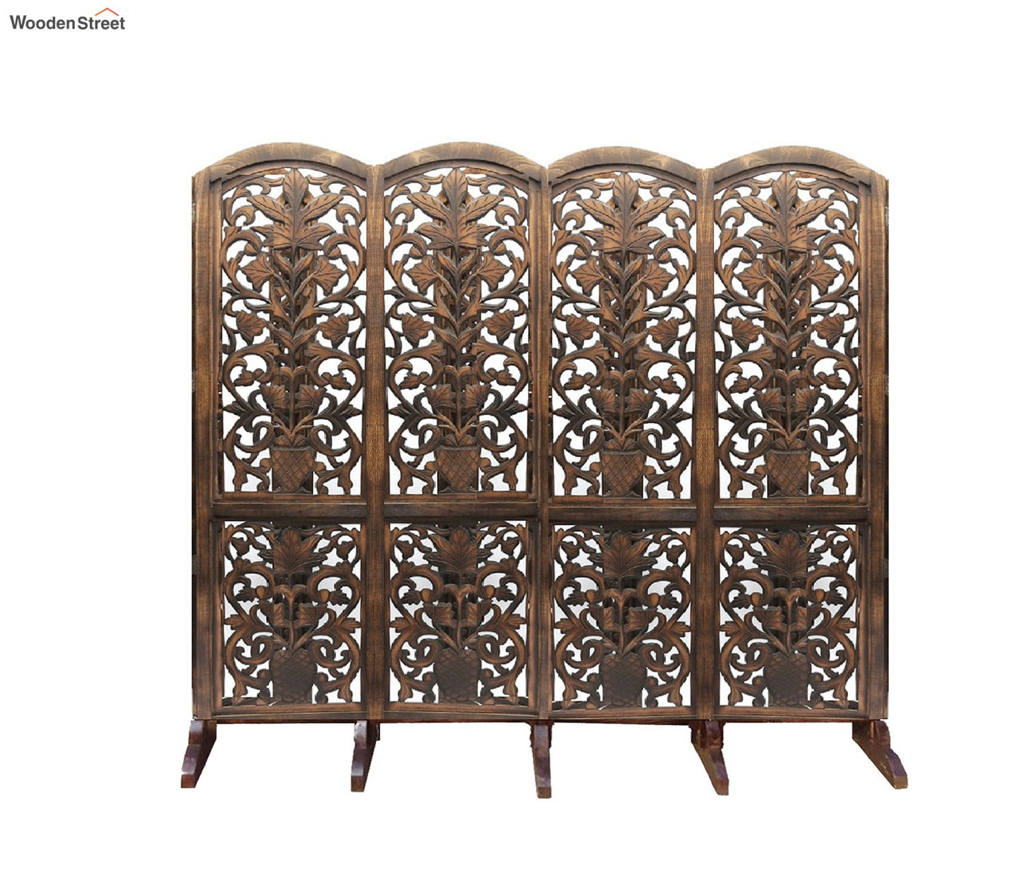 Jonathan Hand Carved Wooden Room Divider Four Panels In Plant With Floral Pattern With Stand