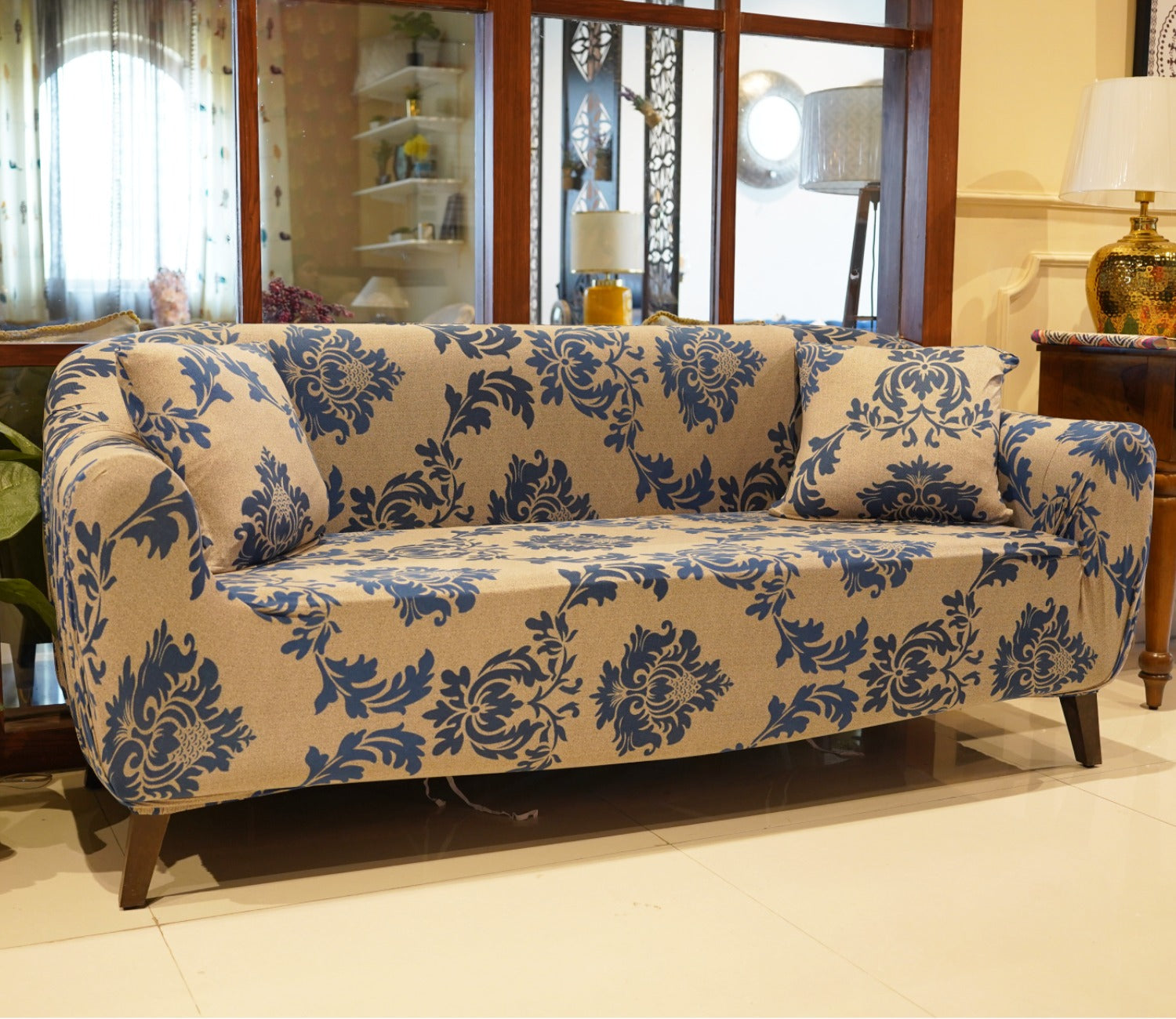 Grace Floral Printed Polyester Spandex 3 Seater Sofa Cover (Blue)