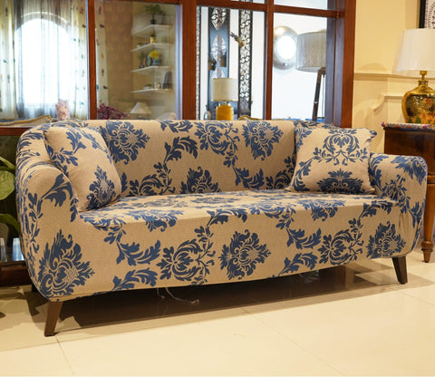 Grace Floral Printed Polyester Spandex 3 Seater Sofa Cover (Blue)