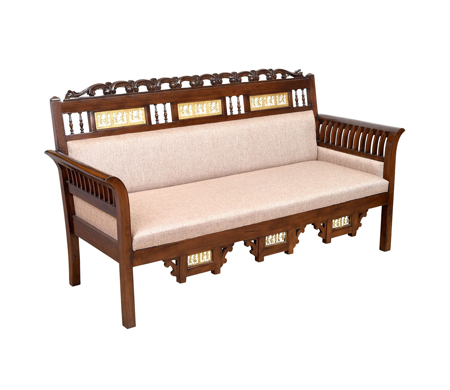 Maharaja Three Seater Sofa in Teakwood with Walnut Finish adorned with Dhokra Brass Frames