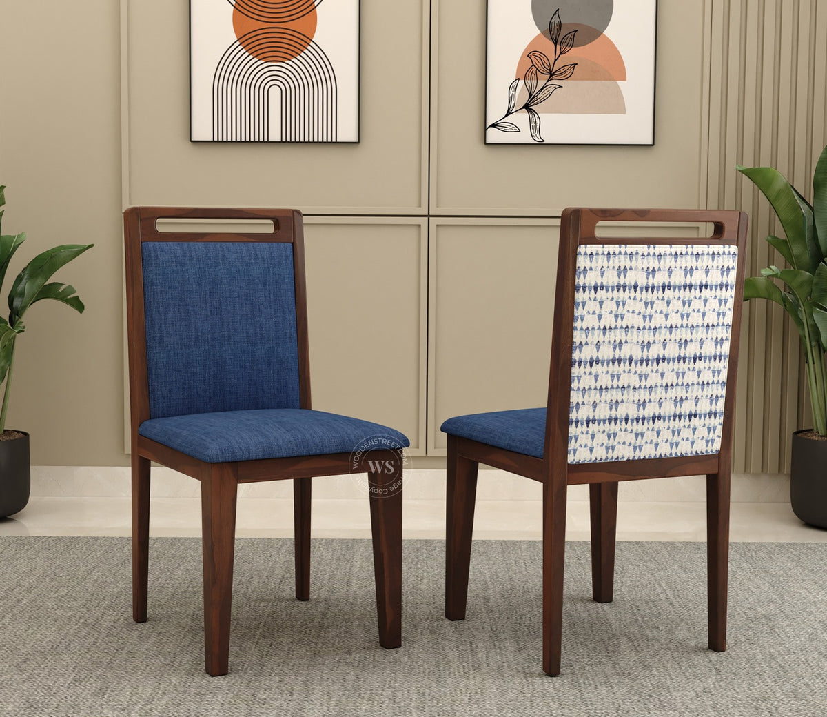 Hazel Sheesham Wood Reverse Upholstery Dining Chair - Set of 1 (Cotton, Walnut Iris Blue)