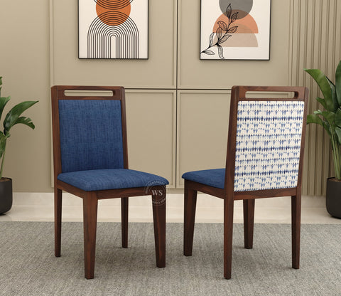 Hazel Sheesham Wood Reverse Upholstery Dining Chair - Set of 1 (Cotton, Walnut Iris Blue)