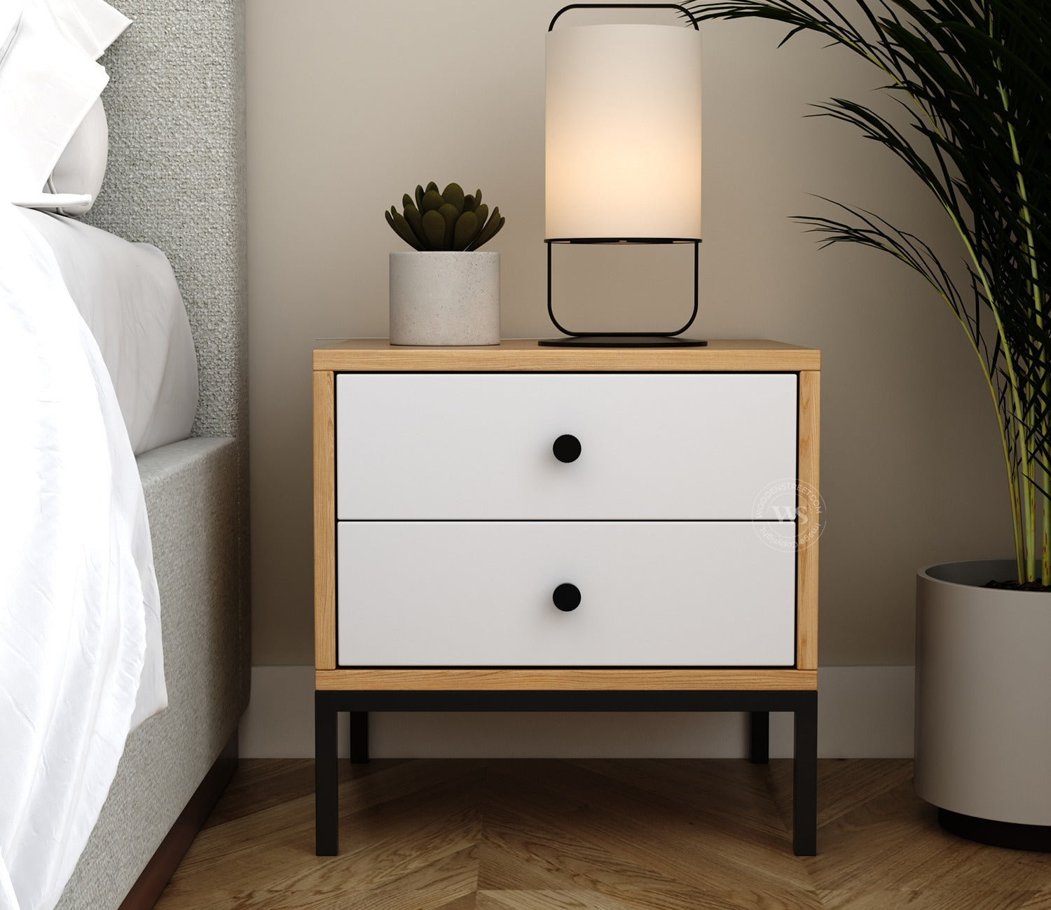 Suven Modern Engineered Wood Bedside Table with MDF Front & Metal Base (Santana Pattern)