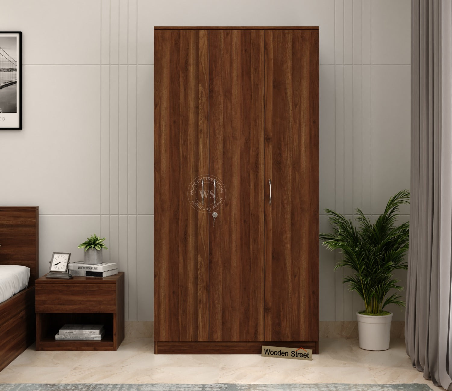 Kayden 3 Door Multi Utility Wardrobe With Hanging Rod (Columbian Walnut Finish)