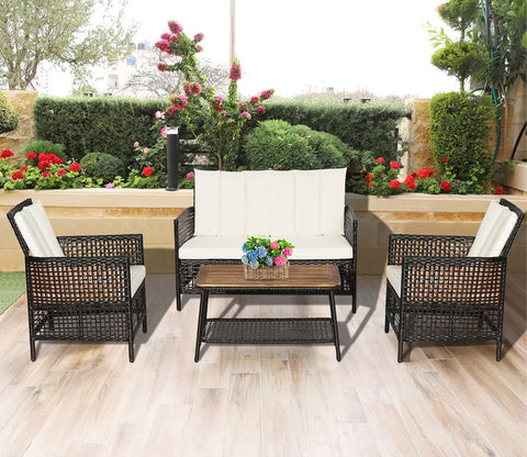 Dark Brown Rattan And Wicker 4 Seater Sofa Set With Rectangle Table And Off White Cushions