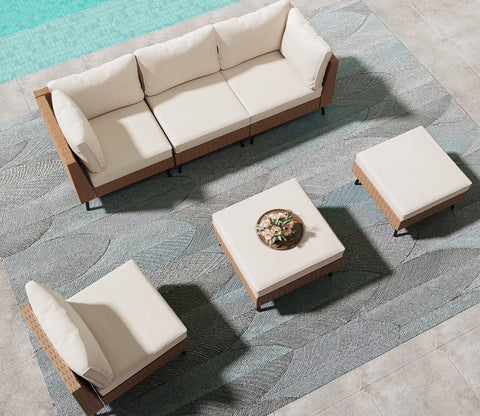 Beige Rattan And Wicker 5 Seater Patio Set With Table And Off White Cushions