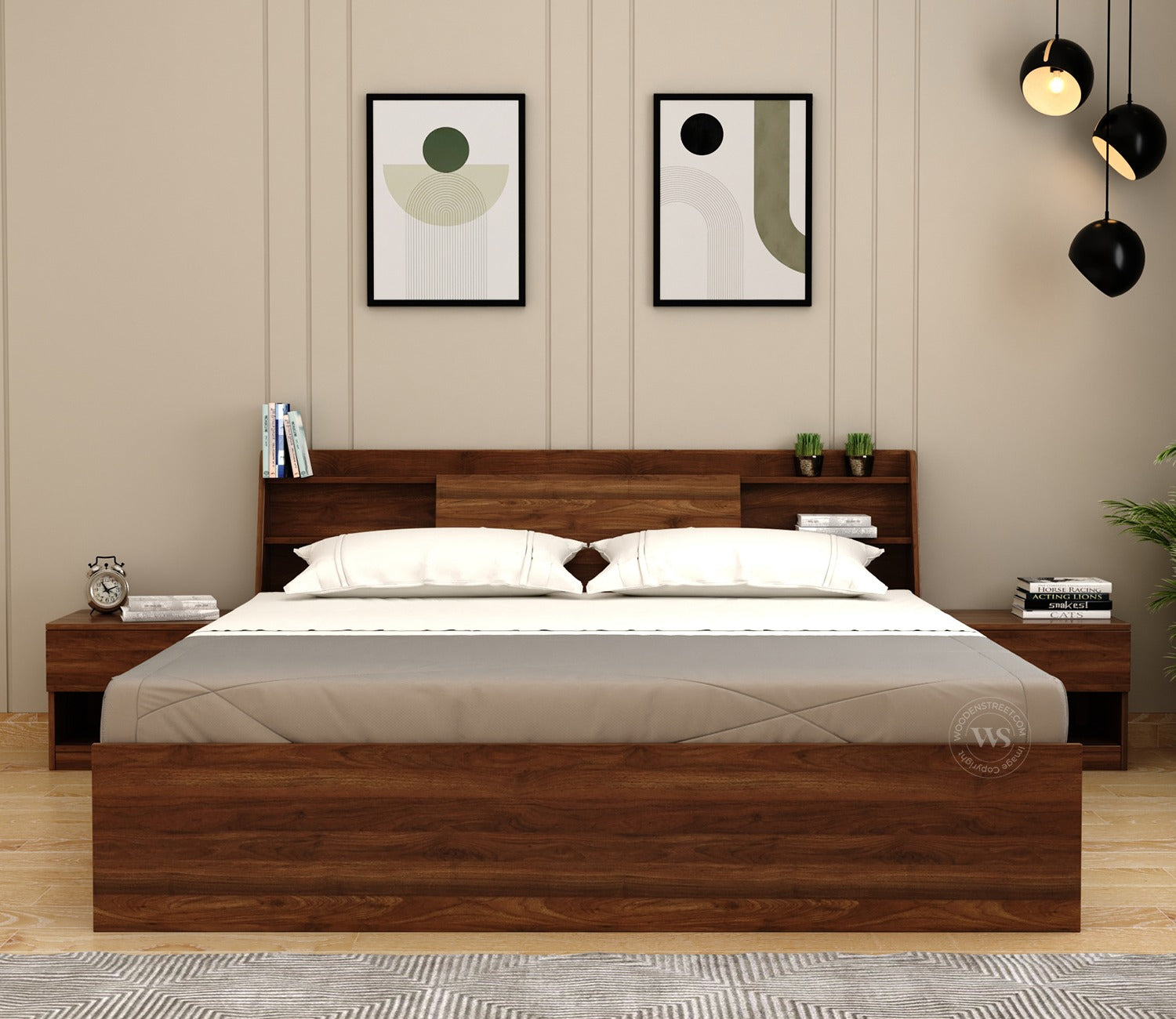 Celestia Engineered Wood Bed With Hydraulic Storage (King Size, Columbian Walnut Finish)